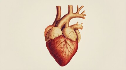 A highly detailed anatomical illustration of a human heart, showcasing its chambers and arteries, placed against a light solid color background, ideal for educational purposes