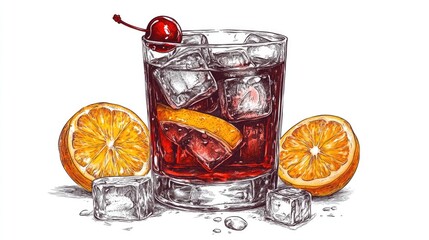 Negroni and Vampiro pepper cocktail featuring ice cubes lemon twist cherry and orange illustrated in a vintage engraved style Isolated on a white background Hand drawn design