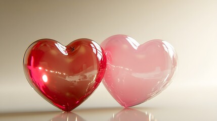 Two hearts, one red and one pink, realistically rendered with light reflections, surrounded by a...