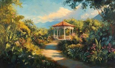 Oil painting depicting a traditional garden featuring pavilions and lush landscapes showcasing classical design and serene beauty
