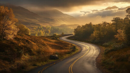 A winding road through the Scottish Highlands.