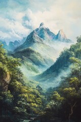 Oil painting depicting a stunning landscape of mountains surrounded by lush forests