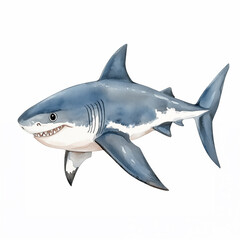 Obraz premium Watercolor cartoon cute baby shark on white background.
