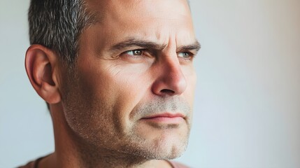 A close-up portrait of a middle-aged man with a thoughtful expression, set against a light solid color background