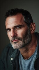 Fototapeta premium A mature man with a rugged look, featuring a strong jawline and deep-set eyes, captured in soft lighting on a plain background