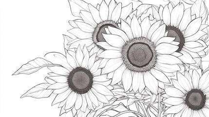Line Art of Sunflowers Hand Drawn Illustrations of Fine Line Sunflower Bouquets Coloring Page Featuring Sunflower Designs