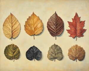 Obraz premium Oil painting depicting a collection of six distinct leaves on a neutral background