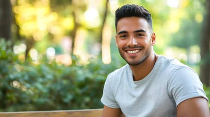 A gay man with a warm smile, wearing a casual t-shirt, sitting on a park bench surrounded by greenery, light solid color background