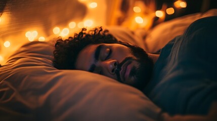 A close-up of a man resting on a plush bed, surrounded by cozy bedding, with warm lighting creating a calming atmosphere