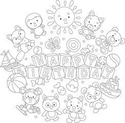 Happy birthday card with funny baby animals, sweets and toy blocks with letters, black and white vector cartoon illustration for a coloring book