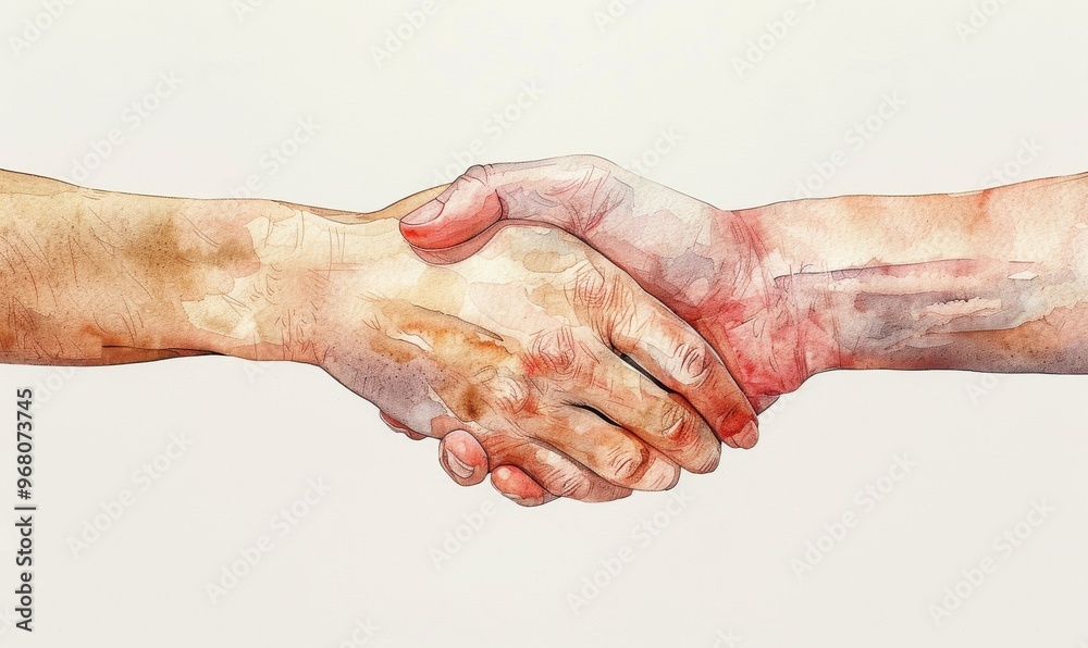 Wall mural A heartfelt agreement captured through a vibrant watercolor portrayal of two hands shaking in a gesture of unity and collaboration, symbolizing trust and connection in a creative setting