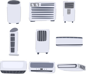 air conditioner set cartoon. thermostat refrigerant, compressor condenser, ductwork ventilation air conditioner sign. isolated symbol vector illustration