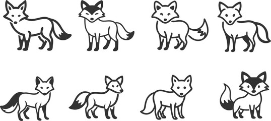 A series of cartoon foxes are standing in a row