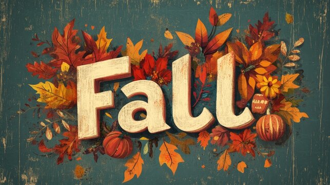 Retro illustration featuring the word Fall artfully designed with a thankful message displayed in board letters complemented by autumn themed decorations
