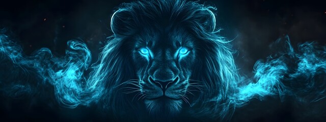 An abstract, glowing lion on a black background with glowing blue eyes