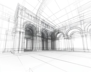 Line art depiction of an architectural sketch presented in 3D format