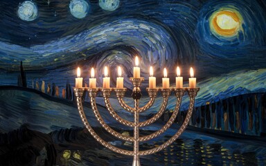 Obraz premium Night Sky with Menorah Silhouette for Hanukkah