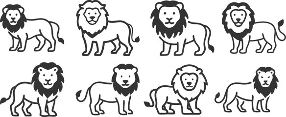 A series of lions are standing in a row