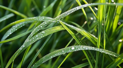 Fototapeta premium A close-up of dew-kissed grass blades, with sunlight filtering through, showcasing the intricate details of nature