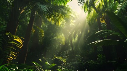 Naklejka premium A lush tropical rainforest with diverse flora and fauna, sunlight filtering through the canopy