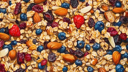 Obraz premium Oil painting depicting a vibrant and crispy granola blend featuring honey nuts dried fruits and grains Captivating healthy food imagery showcasing oatmeal granola