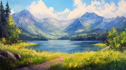 Oil painting showcasing a panoramic lake landscape with vibrant greenery and majestic mountains capturing the beauty of nature in a serene setting