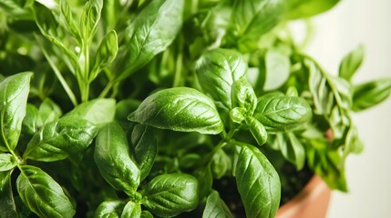 Obraz premium A close-up view of vibrant green herbs growing in a small garden pot, with a light solid color background