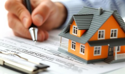 A person finalizing real estate documents while placing a miniature orange house on printed contracts in a well-lit office environment