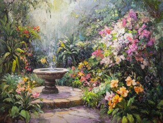 Oil painting depicting a stunning botanical garden showcasing exquisite floral arrangements and natural beauty