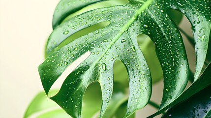 Fototapeta premium A close-up of vibrant green tropical leaves with water droplets, creating a fresh and lively atmosphere against a light solid color background
