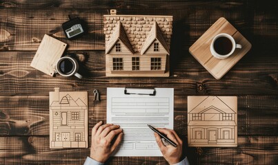 An architect meticulously drafts plans for a cozy wooden cottage surrounded by coffee cups and miniature house models on a rustic wooden table in a serene workspace