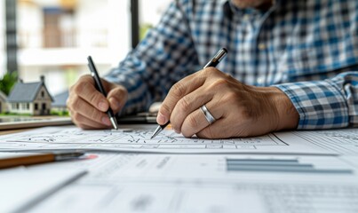 Creative architect sketching innovative building plans while surrounded by miniature models and design inspiration in a modern workspace