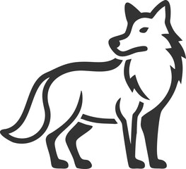 A black and white drawing of a wolf standing on a white background