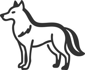 A black and white drawing of a wolf standing on a white background