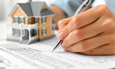 Signing real estate documents with a detailed miniature home in the background, capturing the essence of new beginnings and property ownership in a cozy setting