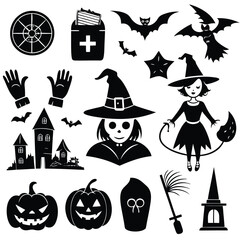 Fototapeta premium halloween set. pumpkin, skull, broom, headstone, spider, cobweb, crows, dead man's hand, witch hat, cauldron, bats. silhouette graphics. vector