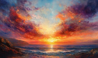 Naklejka premium Oil painting depicting a stunning sunset with a beautiful sky filled with vibrant colors and warm tones