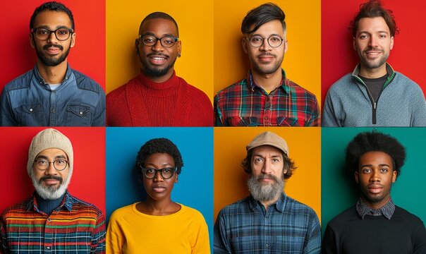 A vibrant display of diverse men showcasing their unique styles against bright, colorful backgrounds in a joyful, artistic gathering