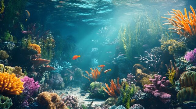 A serene underwater scene featuring colorful coral reefs surrounded by various species of ocean plants