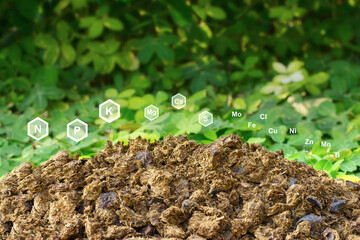 A pile of manure with a green leaf background. Organic fertilize