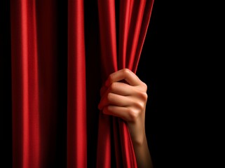 Woman opening red stage curtain revealing black background