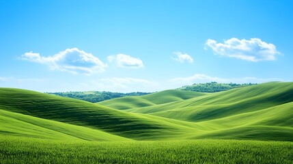 Obraz premium A serene landscape featuring lush green hills gently rolling under a clear blue sky, creating a sense of peace and harmony with nature