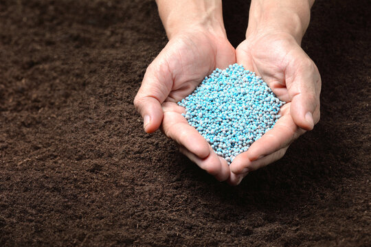 Chemical fertilizers in hand on soil background