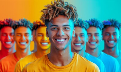 A joyful young man showcases his vibrant personality against a colorful gradient background, capturing the essence of happiness and individuality in a lively urban setting