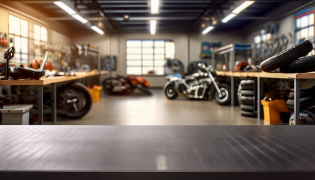 Empty counter table of motorcycle mechanic workshop, workshop scene. Old tools hanging on the wall in the workshop, tool rack against a table and a wall.  ideal for displaying advertising products