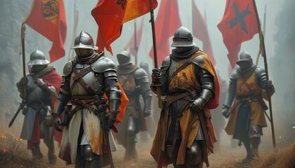 Medieval Knights Marching with Banners in Foggy Battle Scene