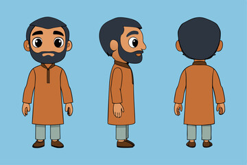 Fototapeta premium Pakistani 2D Character in t-Pose, Simple one color shalwar kameez, 4 Poses ( Front View, Side View, Back View