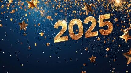 A vibrant banner displays the year 2025 surrounded by shimmering stars, perfect for New Year festivities and celebrations