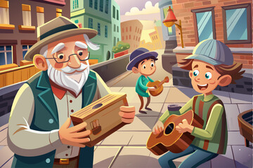 In this short vintage-style animation, an elderly street musician in a bustling 1940s city discovers a lost music box. As he begins to play the melody on his guitar,