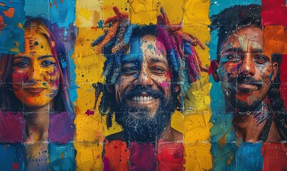 Three vibrant faces showcasing individuality and colorful expressions against a bright mural backdrop, celebrating diversity and creativity in a lively atmosphere